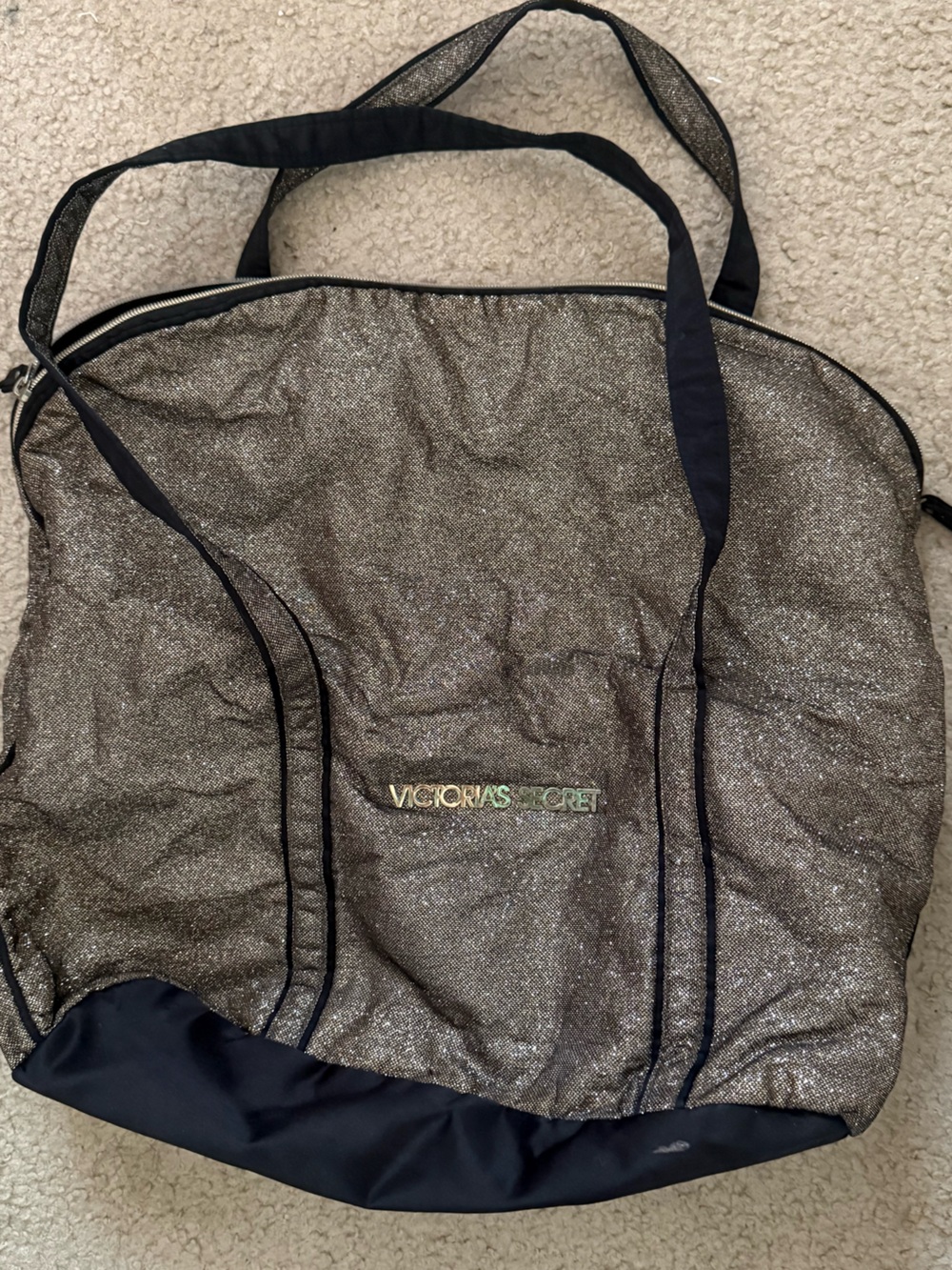 Victoria’s Secret Glitter Tote in Shimmering gold with Black Trim